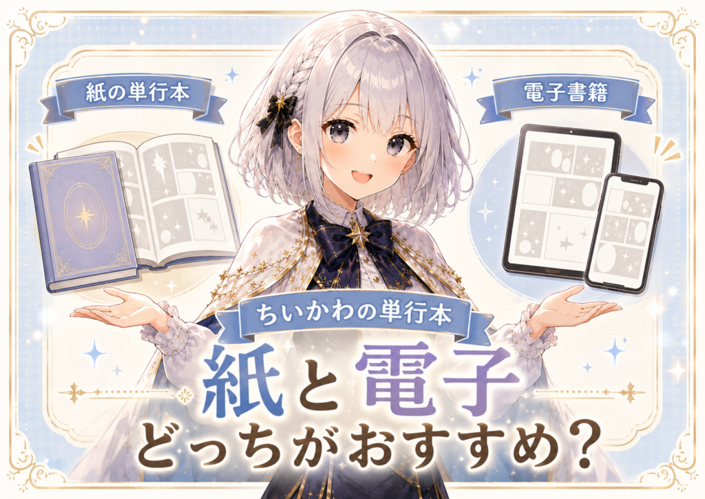 受付嬢ルナがちいかわの単行本を紙と電子書籍のどちらで読むか選び方を案内している画像