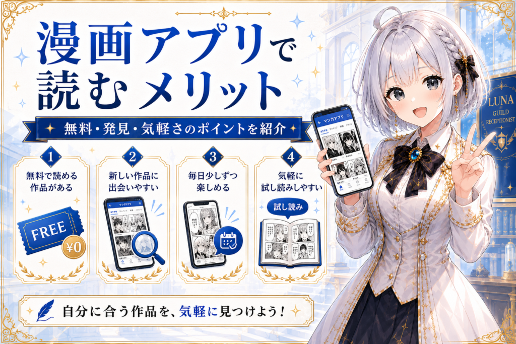 ギルド受付嬢ルナがスマホを持ちながら、漫画アプリで読むメリットを初心者向けに案内している画像。