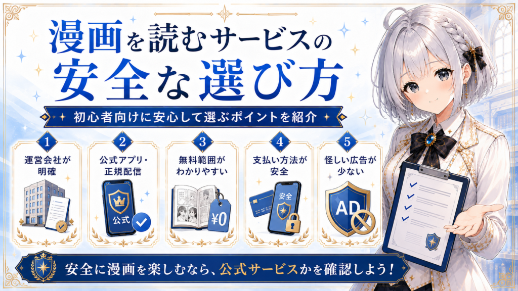 漫画を読むサービスの安全な選び方を初心者向けに案内している画像