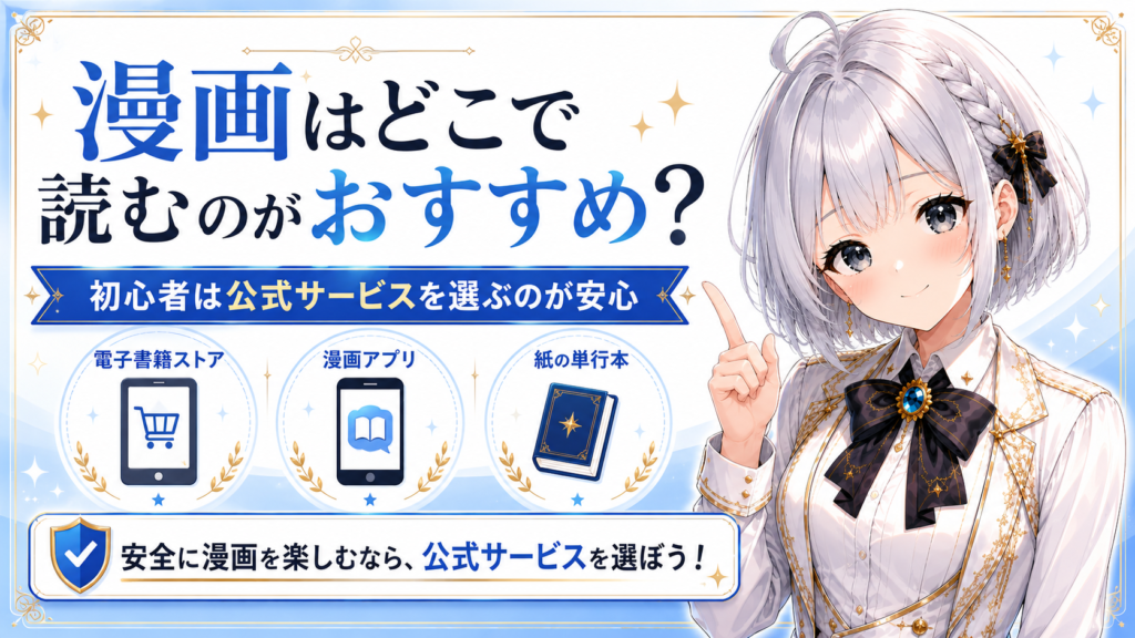 ギルド受付嬢ルナが、初心者向けに電子書籍ストア・漫画アプリ・紙の単行本など安全な漫画の読み方を案内している