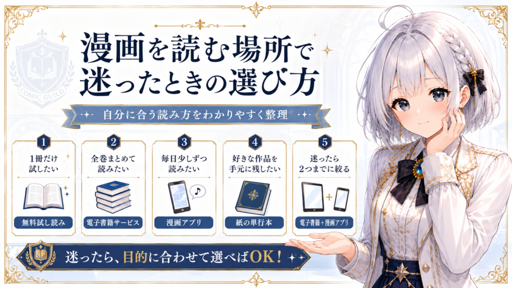 ギルド受付嬢ルナが、漫画を読む場所で迷ったときの選び方を初心者向けに案内している画像