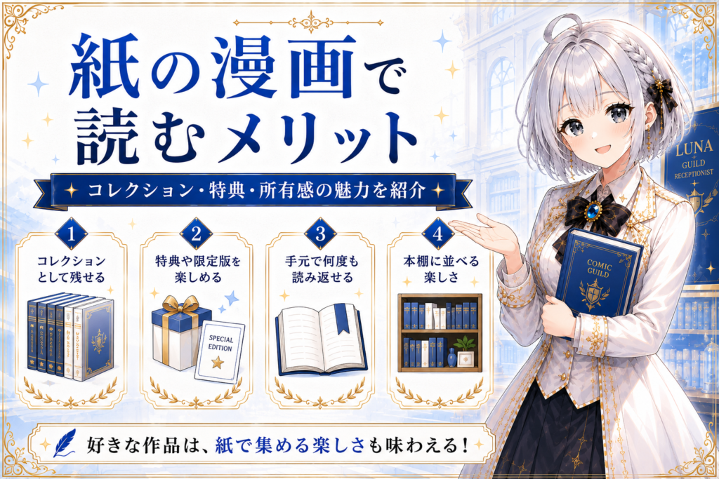 ギルド受付嬢ルナが、紙の漫画で読むメリットを初心者向けに案内している画像