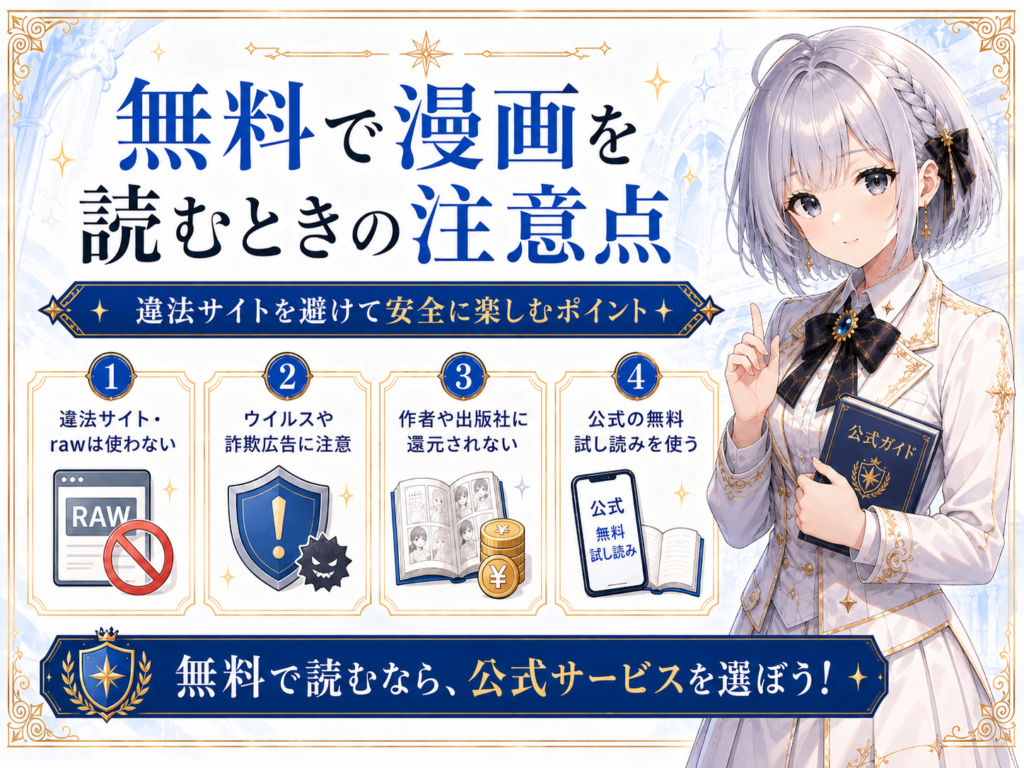 無料で漫画を読むときの注意点を初心者向けに案内している