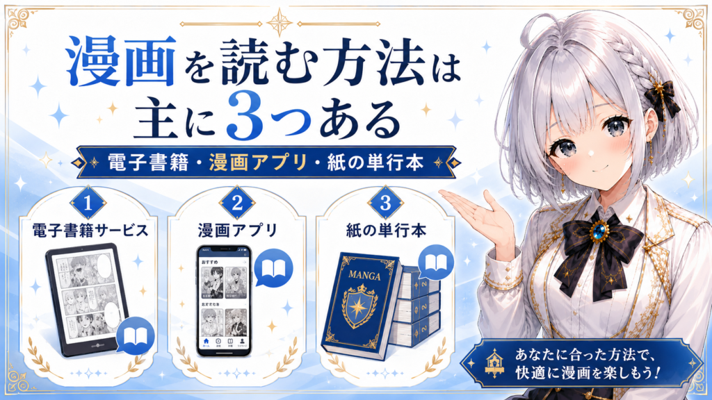 ギルド受付嬢ルナが、漫画を読む主な方法として電子書籍サービス・漫画アプリ・紙の単行本の3つを初心者向けに案内している画像