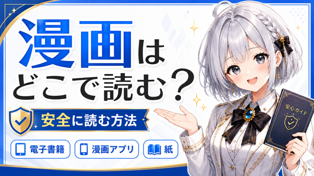 ギルド受付嬢ルナが、漫画はどこで読むのがおすすめかを初心者向けに案内しているサムネイル画像。