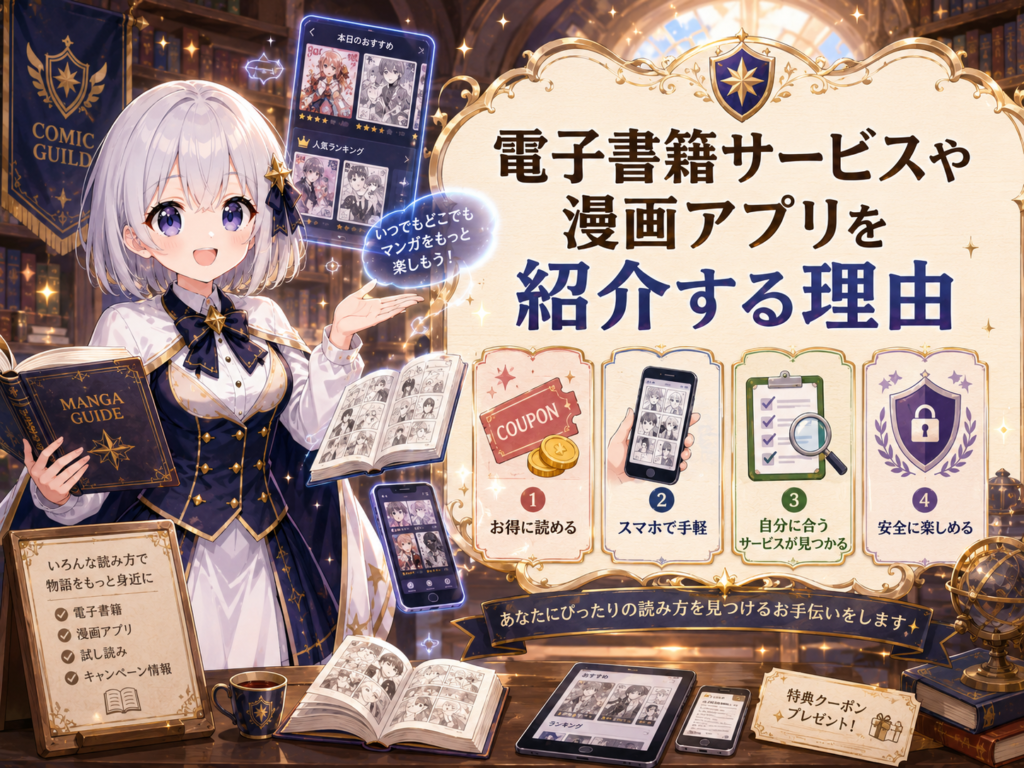 受付嬢ルナが電子書籍サービスや漫画アプリを紹介する理由について、お得に読める・スマホで手軽・自分に合うサービスが見つかる・安全に楽しめる点を案内している画像
