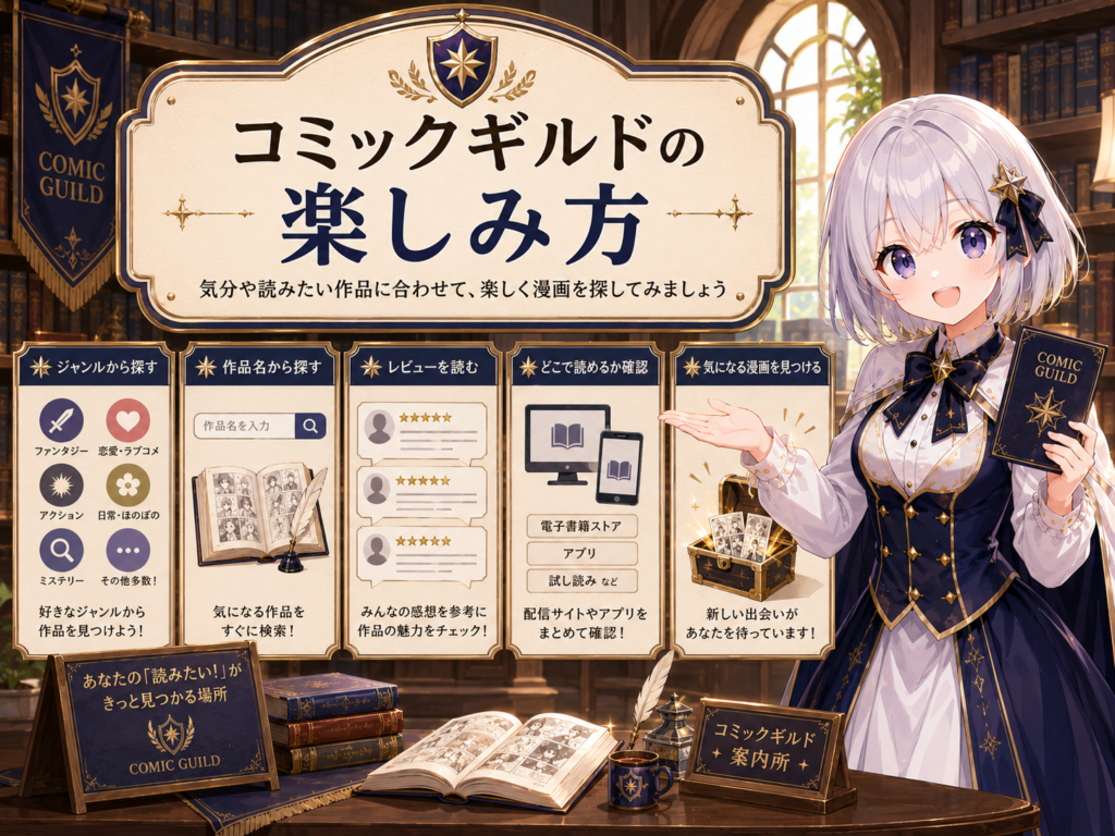 受付嬢ルナがコミックギルドの楽しみ方としてジャンル検索・作品名検索・レビュー確認・配信サービス確認・気になる漫画の見つけ方を案内しているH2画像