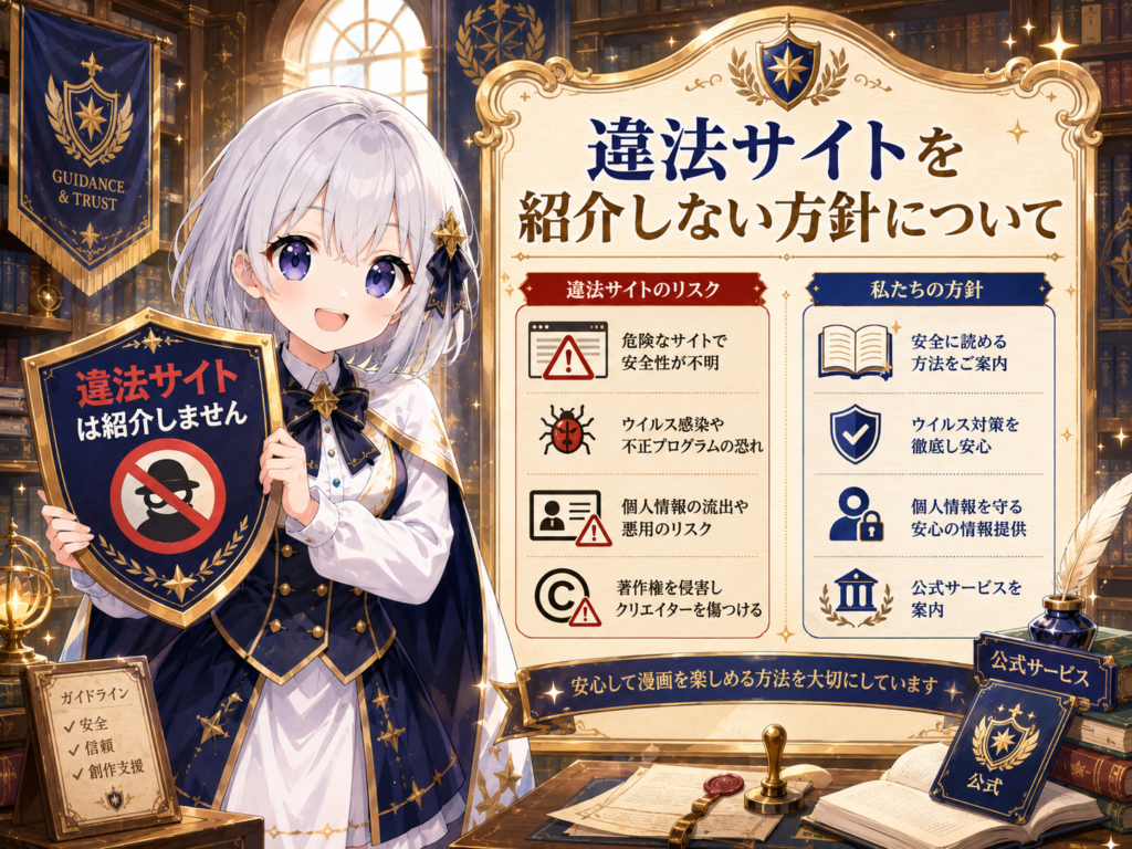 受付嬢ルナが違法サイトを紹介しない方針と安全に漫画を読むための公式サービス利用を案内しているH2画像