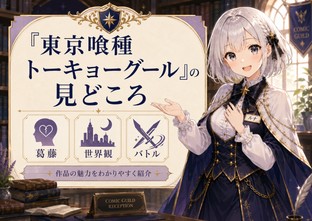 ルナが「東京喰種トーキョーグール」の見どころとして葛藤、世界観、バトルの魅力を案内しているH2画像
