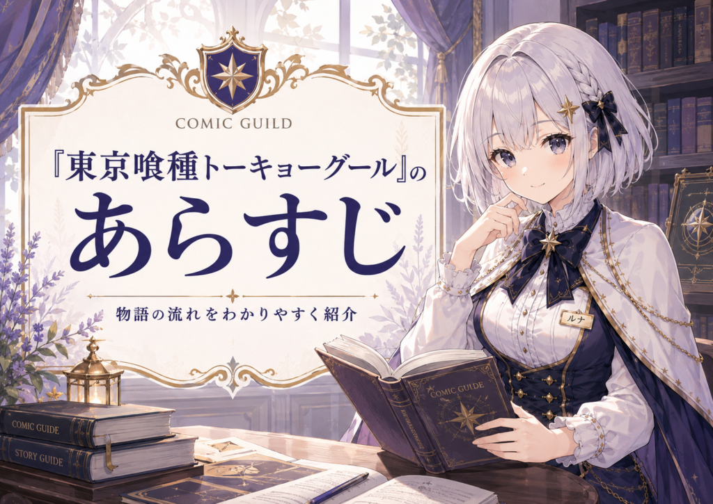 ルナが本を手にしながら「東京喰種トーキョーグール」のあらすじをわかりやすく紹介しているH2画像