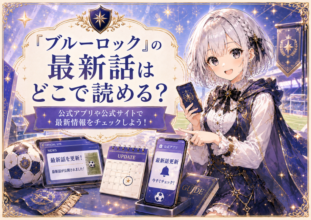 「ブルーロック」の最新話はどこで読めるかを公式アプリや公式サイトで確認するよう案内する画像
