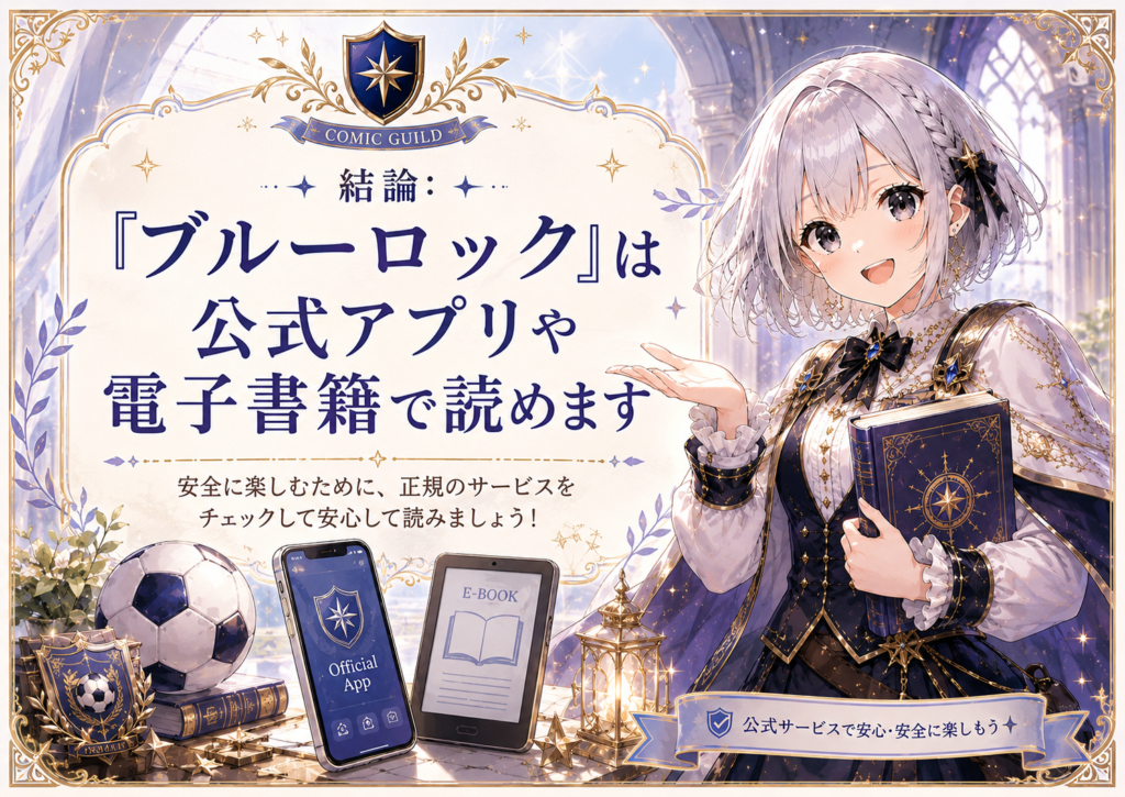 「ブルーロック」は公式アプリや電子書籍で読めることを受付嬢ルナが案内する画像