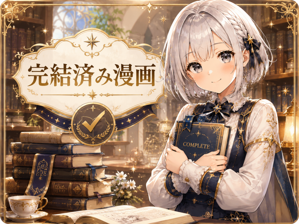 完結済み漫画カテゴリーを案内する、ルナと本を抱えた落ち着いた雰囲気のリッチカラム用画像