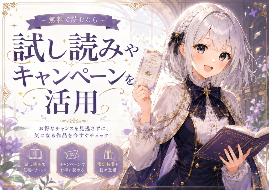 受付嬢ルナが『団長、その色気どうにかしてください！』の試し読みやキャンペーンを活用する方法を案内している画像
