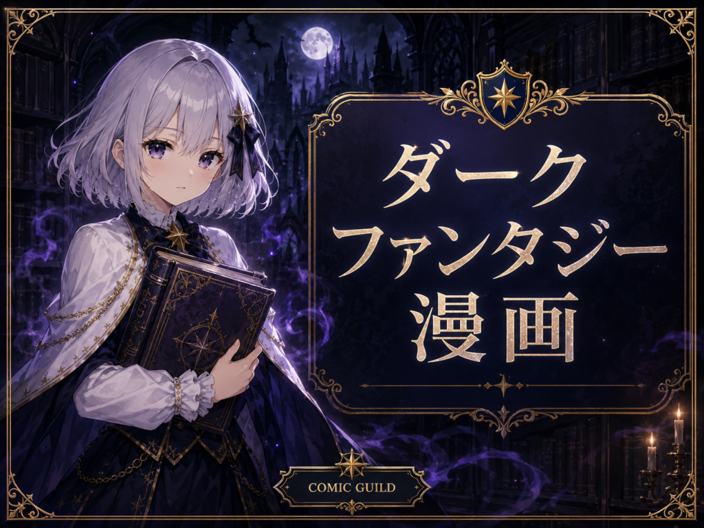 ダークファンタジー漫画カテゴリーを案内する、ルナと月夜の幻想的な図書館を描いたリッチカラム用画像