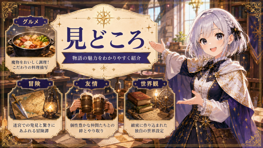 「ダンジョン飯」の見どころや魔物料理、冒険、仲間との関係を紹介する画像