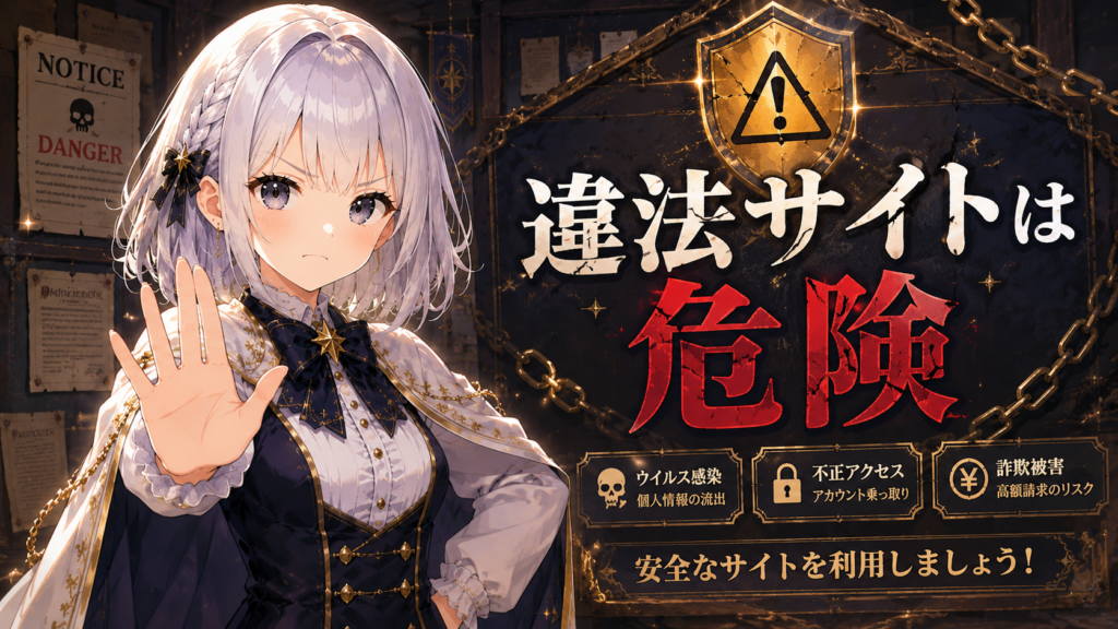 ルナが『婚約者が浮気相手と駆け落ちしました』を違法サイトで読む危険性を注意喚起している画像