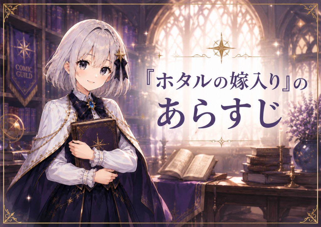 ルナが本を抱えながら「ホタルの嫁入り」のあらすじを紹介している画像
