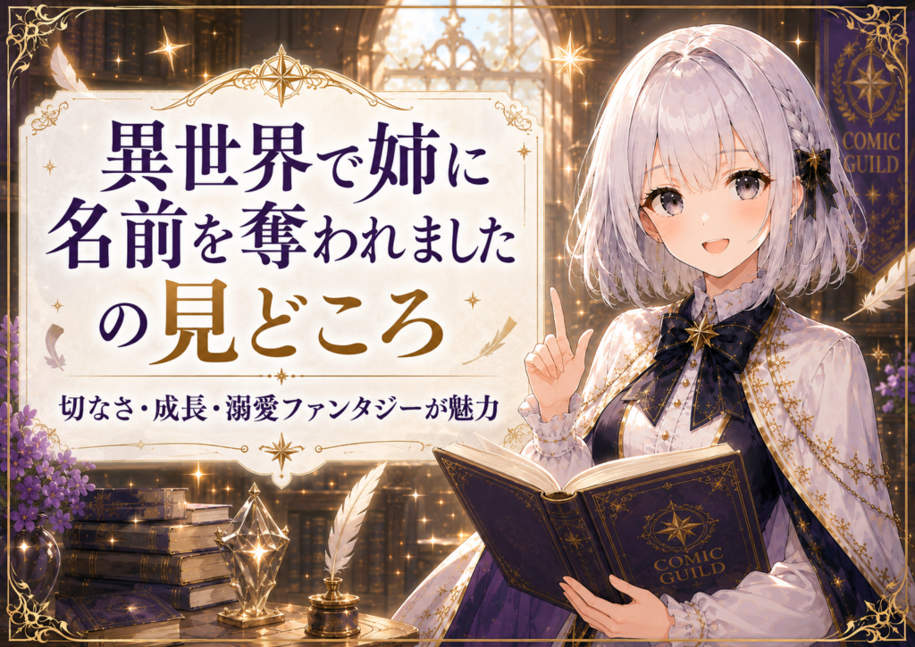 受付嬢ルナが『異世界で姉に名前を奪われました』の見どころや魅力を紹介している画像