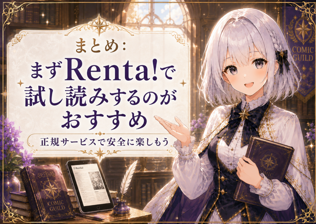 受付嬢ルナが『異世界で姉に名前を奪われました』はまずRenta!で試し読みするのがおすすめと案内している画像
