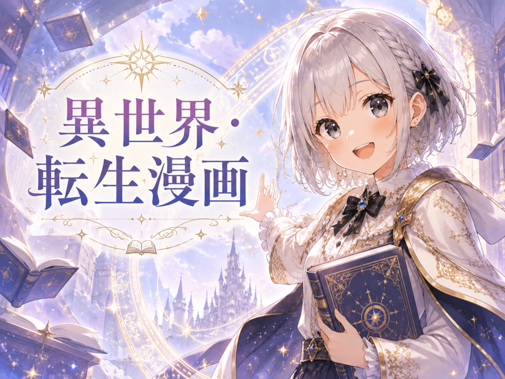異世界・転生漫画カテゴリーを案内する、ルナと幻想的な異世界の城や魔法書を描いたリッチカラム用画像