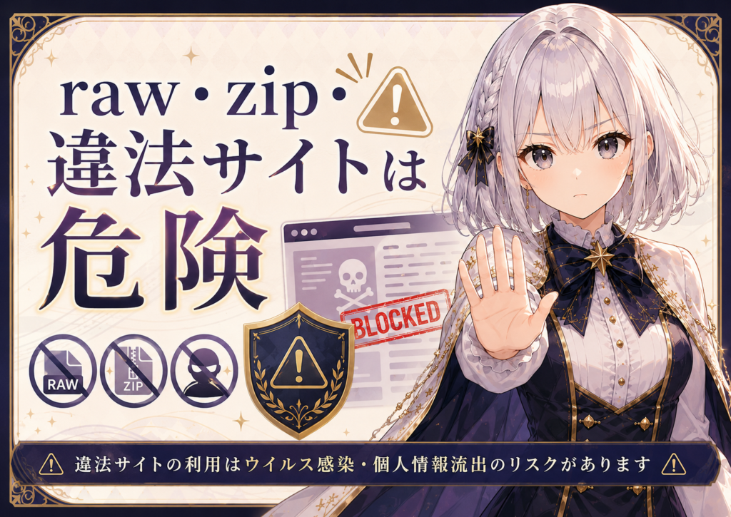 「怪獣8号」をraw・zip・違法サイトで読む危険性を注意喚起する画像