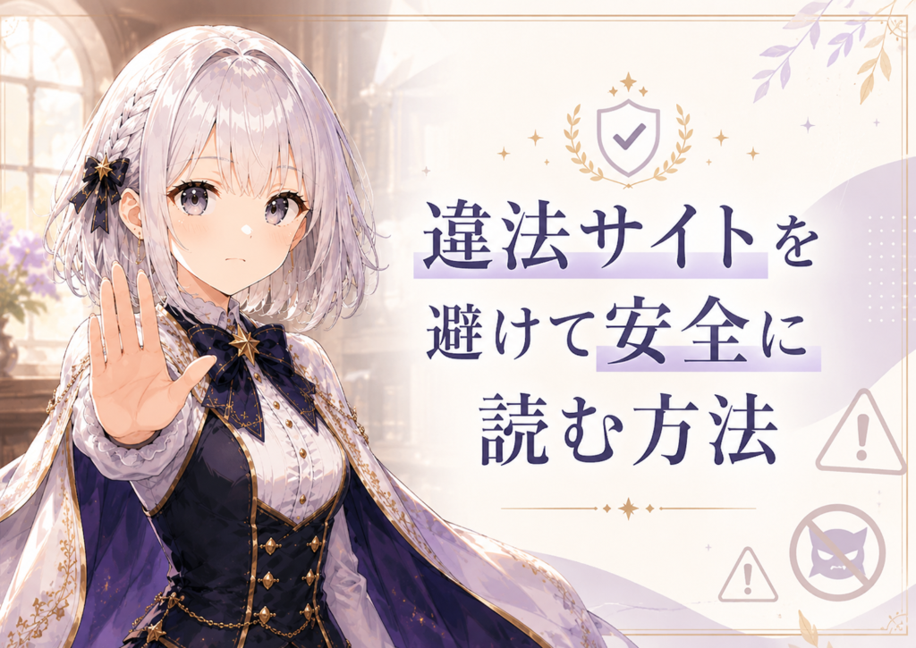 受付嬢ルナがrawや違法サイトを避けて『公爵令嬢は我が道を場当たり的に行く』を安全に読む方法を注意喚起している画像