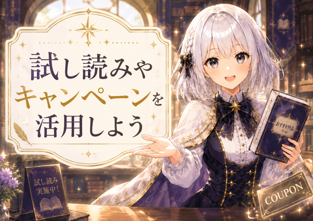 受付嬢ルナが『公爵令嬢は我が道を場当たり的に行く』の試し読みやキャンペーン活用を案内している画像