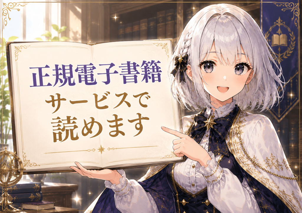 受付嬢ルナが『公爵令嬢は我が道を場当たり的に行く』を正規電子書籍サービスで読めると案内している画像