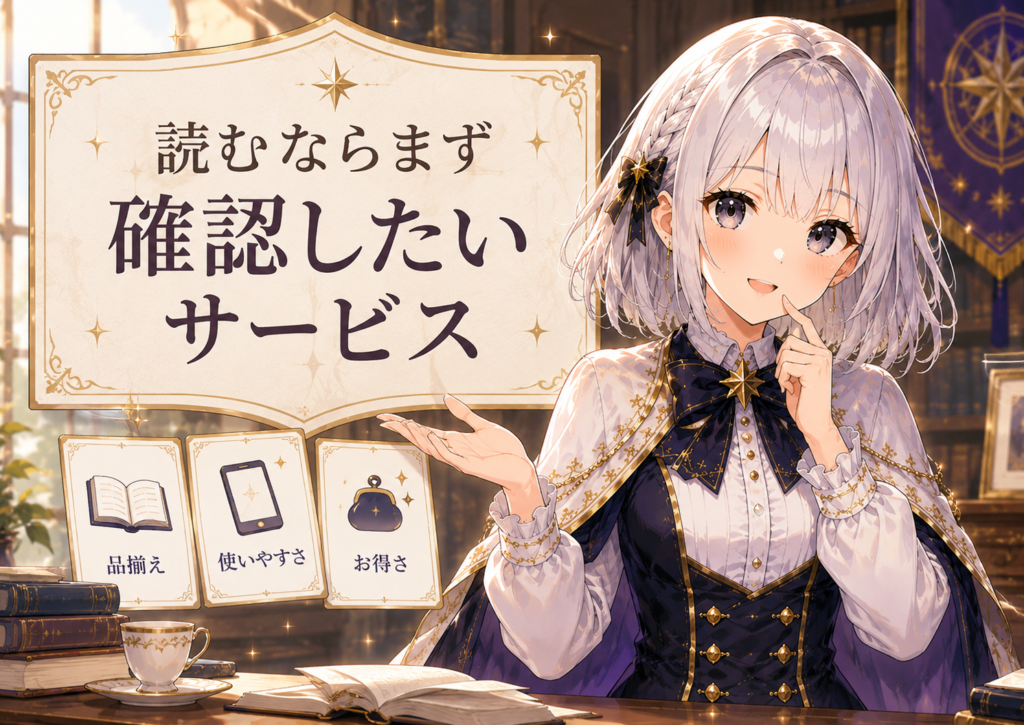 受付嬢ルナが『公爵令嬢は我が道を場当たり的に行く』を読む前に確認したい電子書籍サービスを紹介している画像