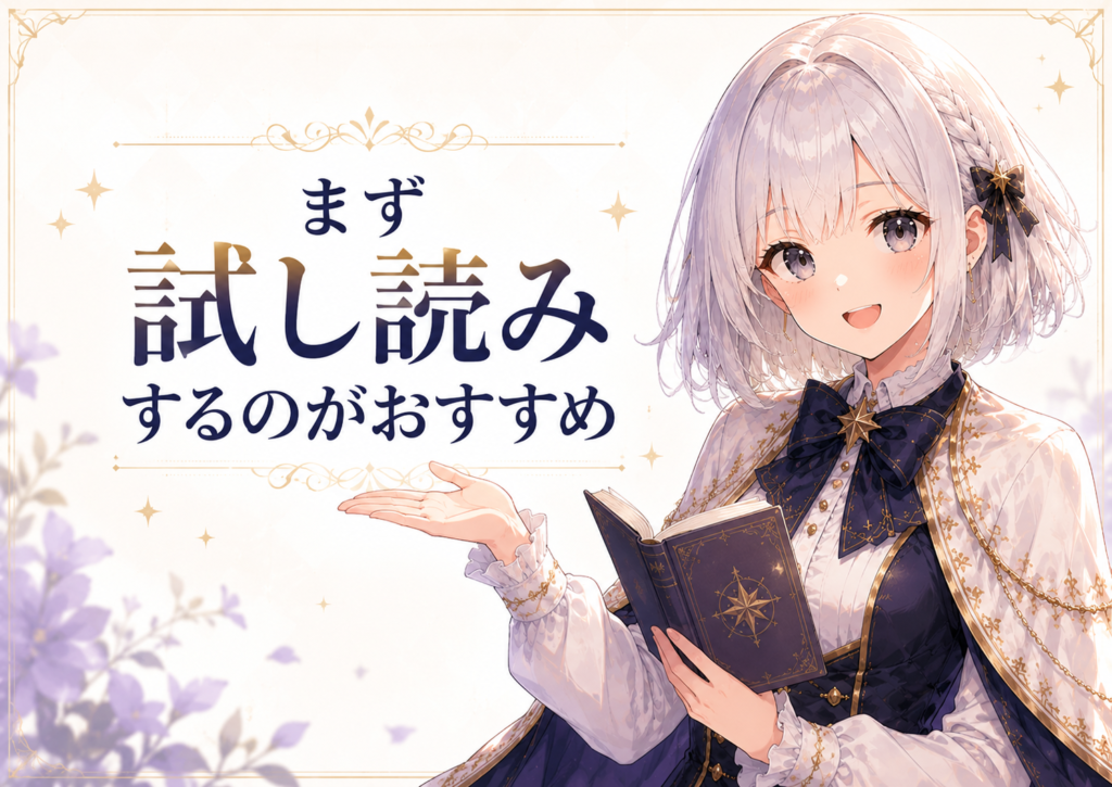 受付嬢ルナが『公爵令嬢は我が道を場当たり的に行く』はまずRenta!で試し読みするのがおすすめと案内している画像