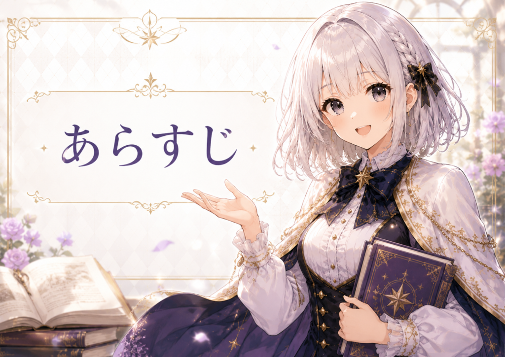 受付嬢ルナが『公爵令嬢は我が道を場当たり的に行く』のあらすじを紹介している画像