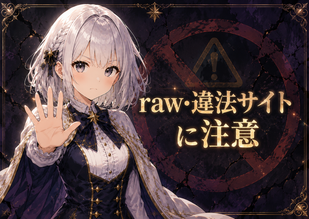 受付嬢ルナがrawや違法サイトを避けて『狼皇子と嘘つきな結婚』を安全に読む方法を注意喚起している画像