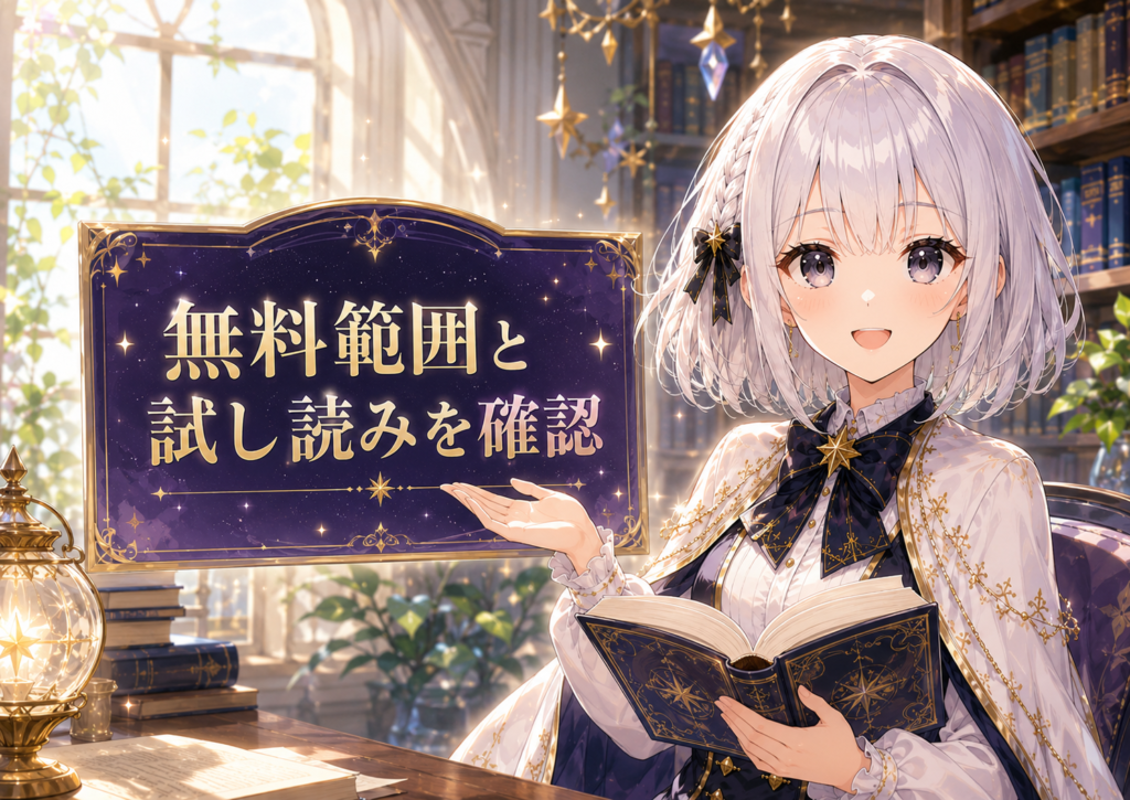 受付嬢ルナが『狼皇子と嘘つきな結婚』の無料範囲や試し読みを確認するよう案内している画像