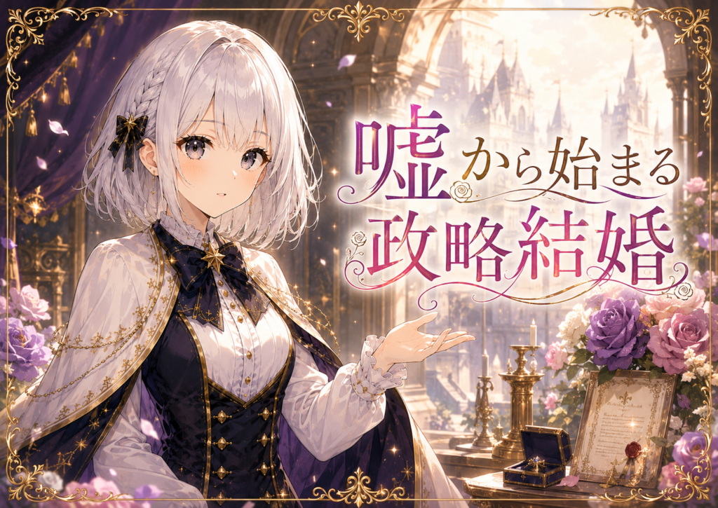 受付嬢ルナが『狼皇子と嘘つきな結婚』の嘘から始まる政略結婚の物語を紹介している画像