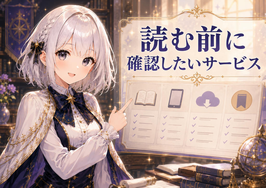 受付嬢ルナが『狼皇子と嘘つきな結婚』を読む前に確認したい電子書籍サービスを案内している画像