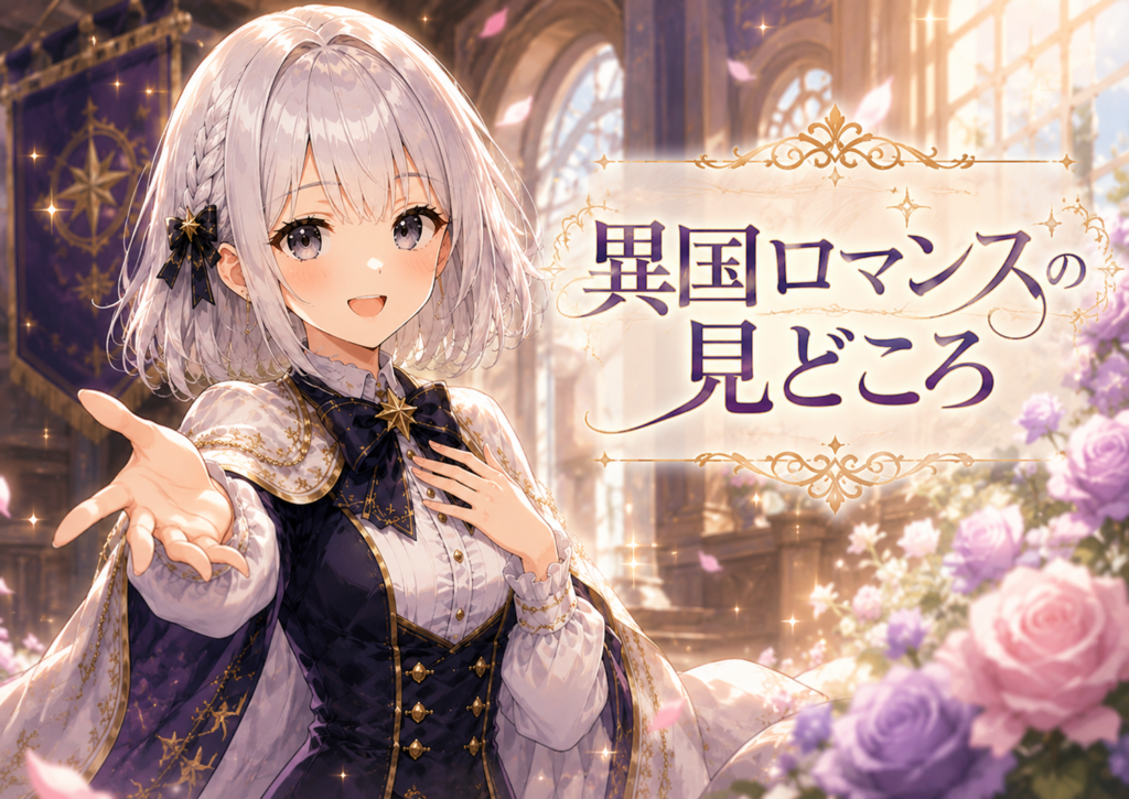 受付嬢ルナが『狼皇子と嘘つきな結婚』の異国ロマンスの見どころを紹介している画像