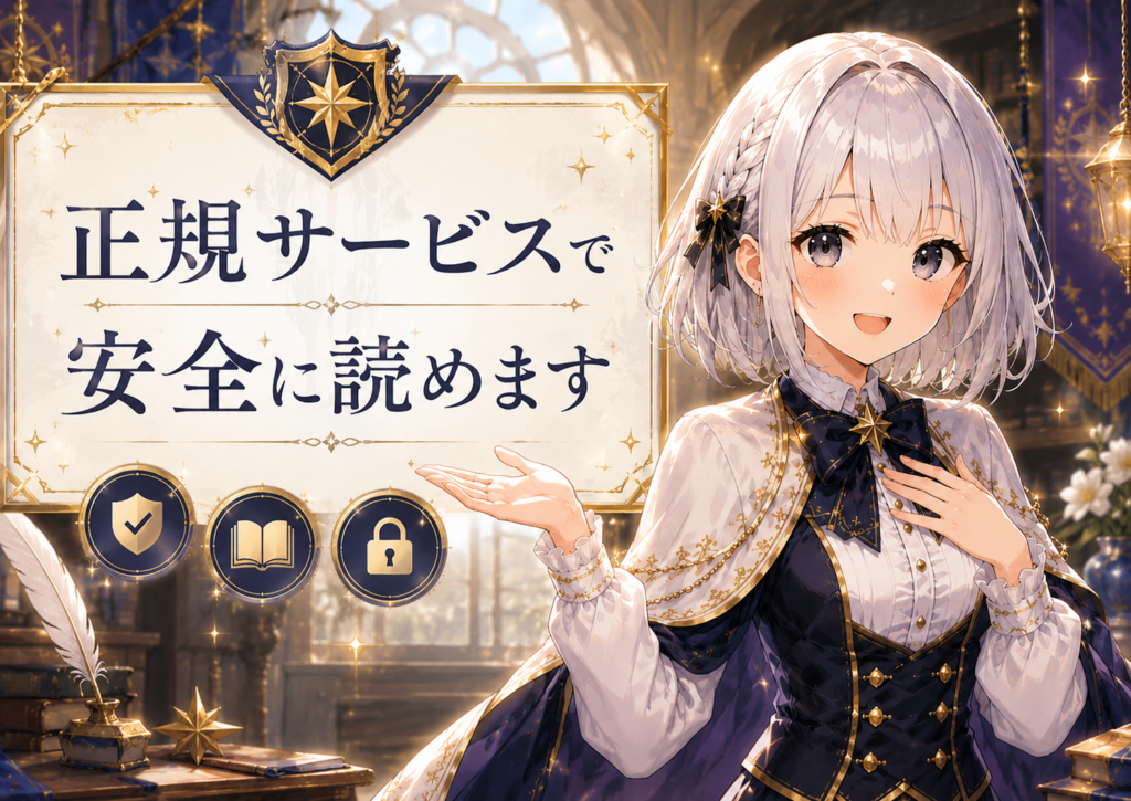 受付嬢ルナが『狼皇子と嘘つきな結婚』を正規サービスで安全に読めると案内している画像