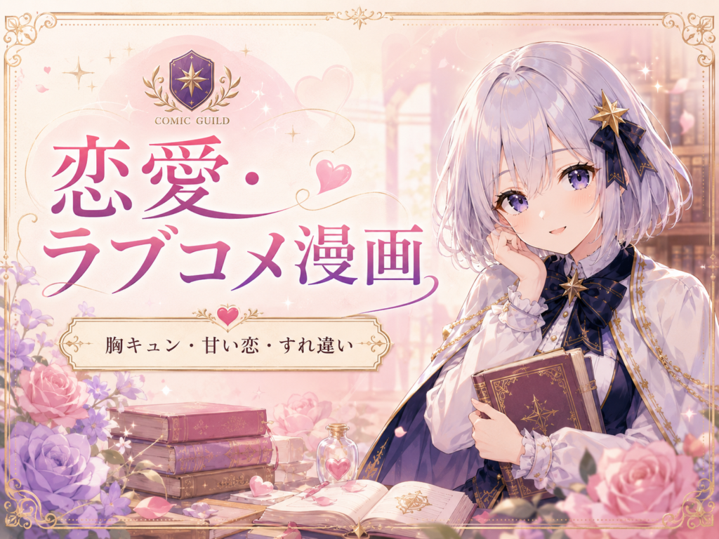 恋愛・ラブコメ漫画カテゴリーを案内する、ルナと花やハートをあしらったリッチカラム用画像