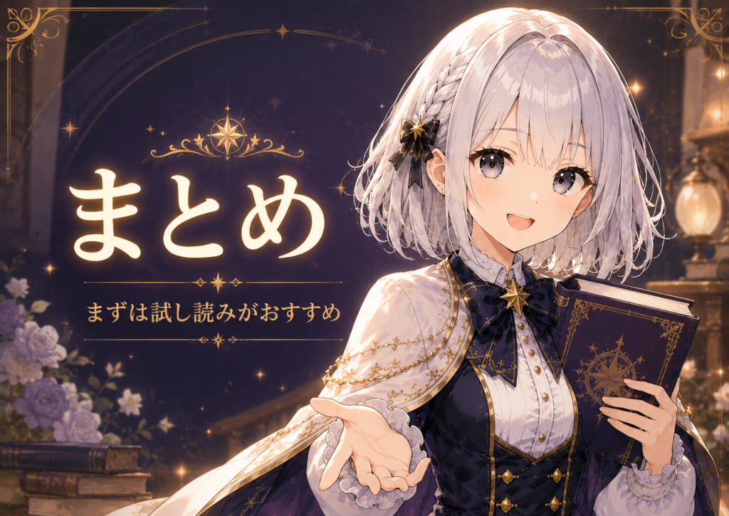 受付嬢ルナが『死に戻りの魔法学校生活を、元恋人とプロローグから』はまずRenta!で試し読みするのがおすすめと案内している画像