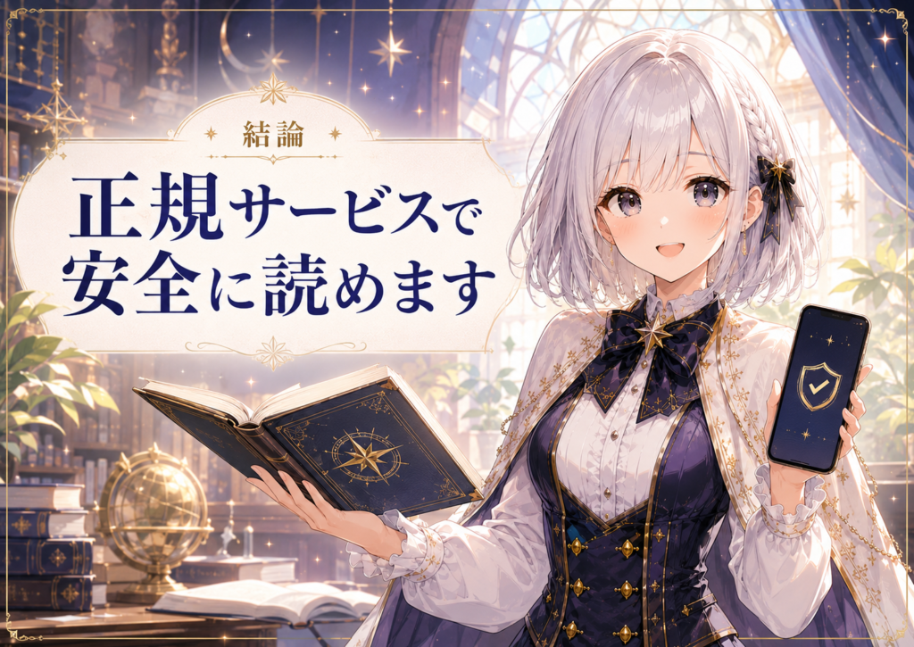 受付嬢ルナが『死に戻りの魔法学校生活を、元恋人とプロローグから』を正規サービスで安全に読めると案内している画像