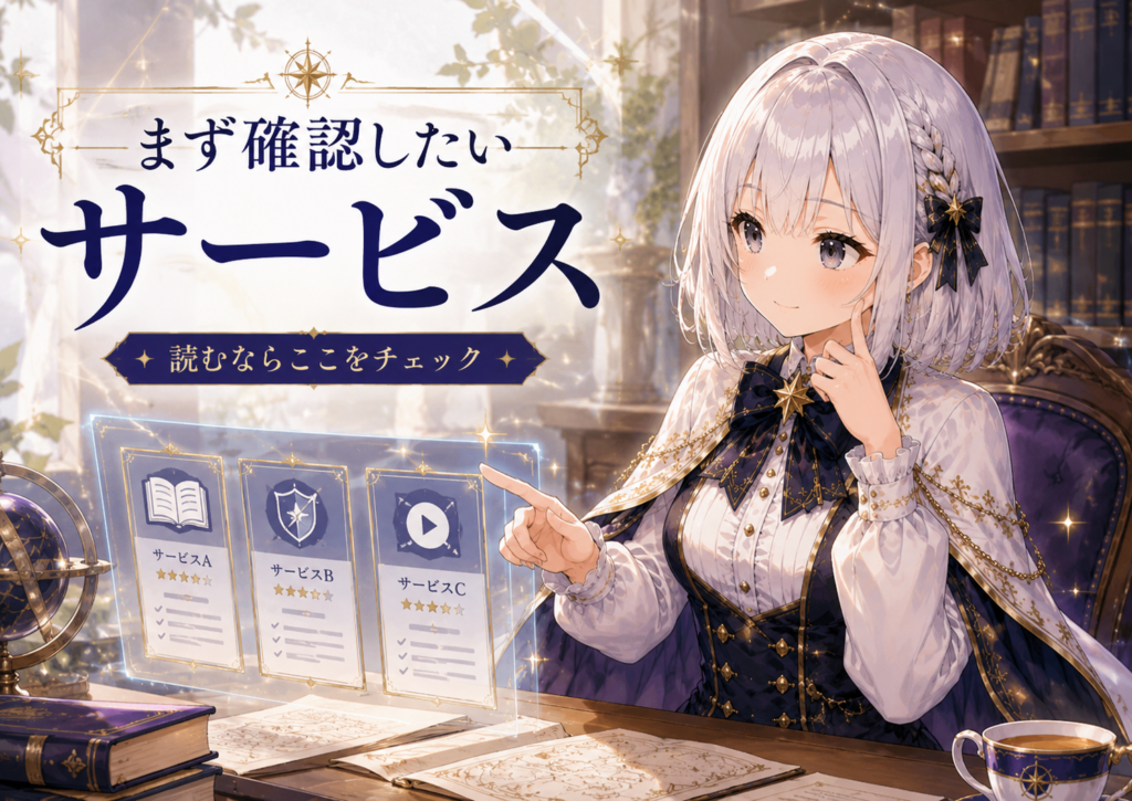 受付嬢ルナが『死に戻りの魔法学校生活を、元恋人とプロローグから』を読める電子書籍サービスを案内している画像