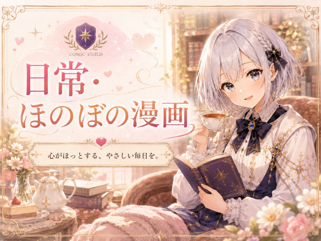 日常・ほのぼの漫画カテゴリーを案内する、ルナが本を読みながら穏やかな時間を過ごしているリッチカラム用画像