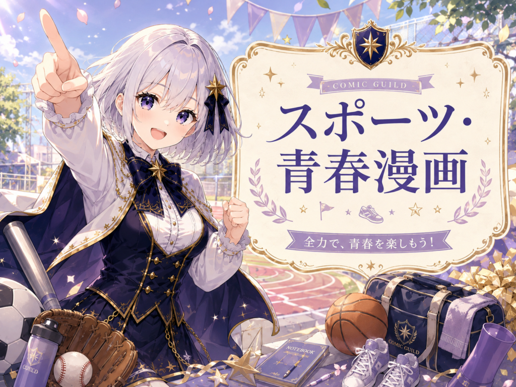スポーツ・青春漫画カテゴリーを案内する、ルナとグラウンド背景、小物にスポーツ用品を描いたリッチカラム用画像