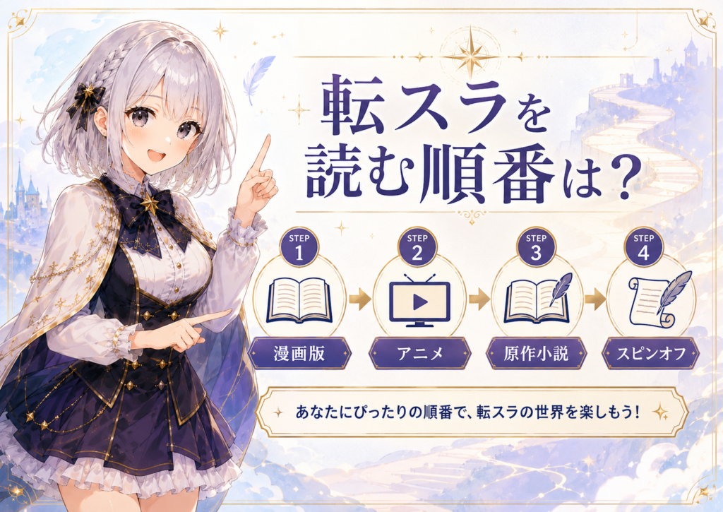 転スラを読む順番として漫画版・アニメ・原作小説・スピンオフを案内するH2画像