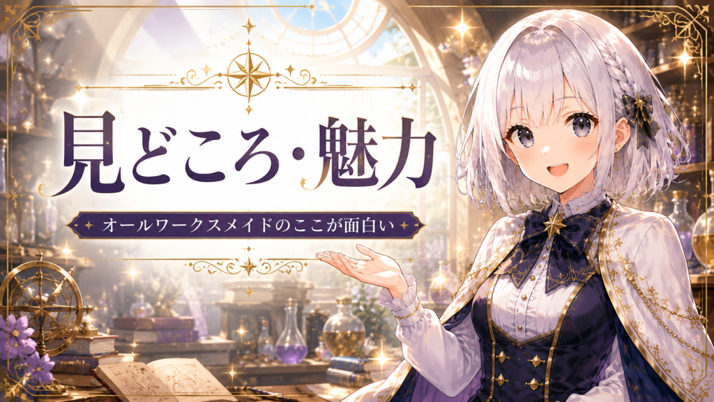 受付嬢ルナが『オールワークスメイド』の魅力や見どころを紹介しているH2画像