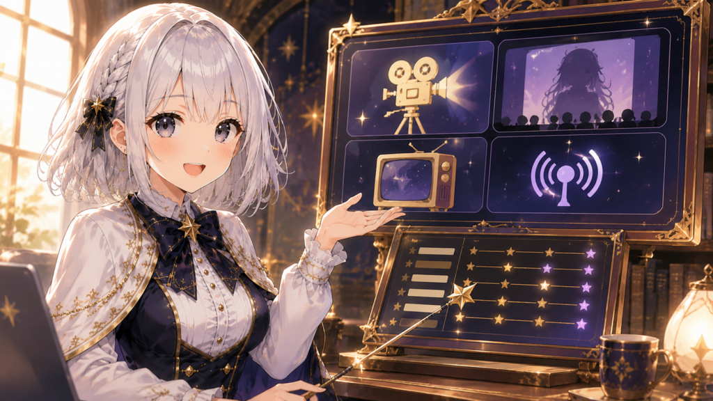 受付嬢ルナがアニメ『天幕のジャードゥーガル』の放送日や配信情報を案内しているH2画像