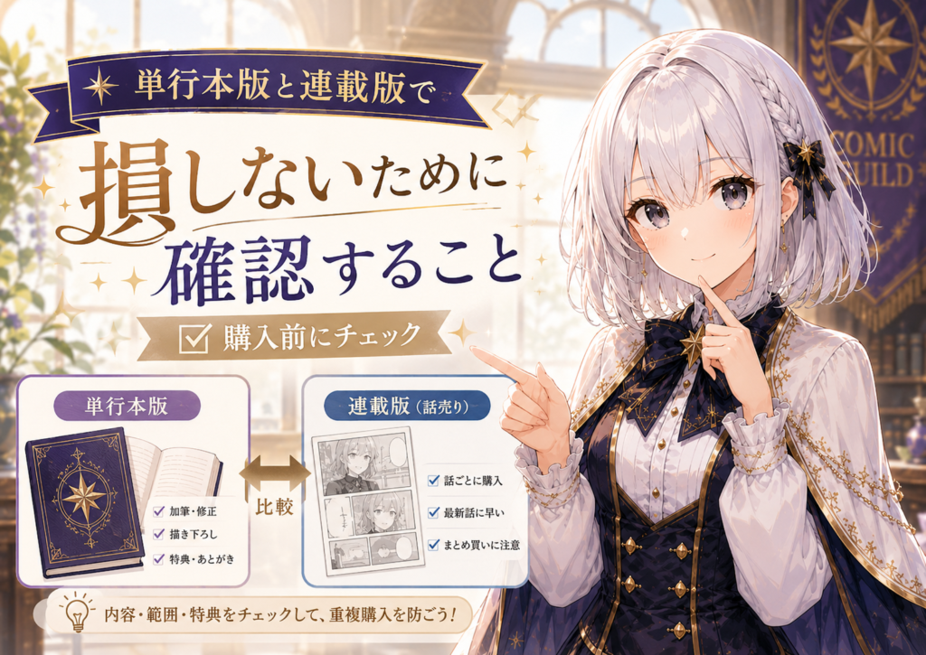 受付嬢ルナが単行本版と連載版で同じ内容を重複して買わないための確認ポイントを案内している画像