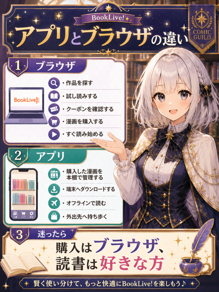 BookLiveのアプリとブラウザの違いを比較し、購入はブラウザ、読書は好きな方法で使い分ける流れをルナが案内する図解