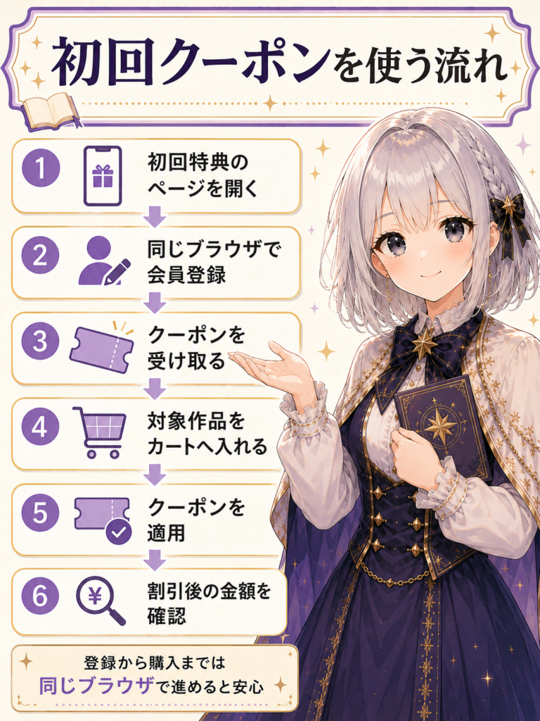 BookLiveの初回クーポンを受け取り、対象作品を購入するまでの6ステップを案内するルナ